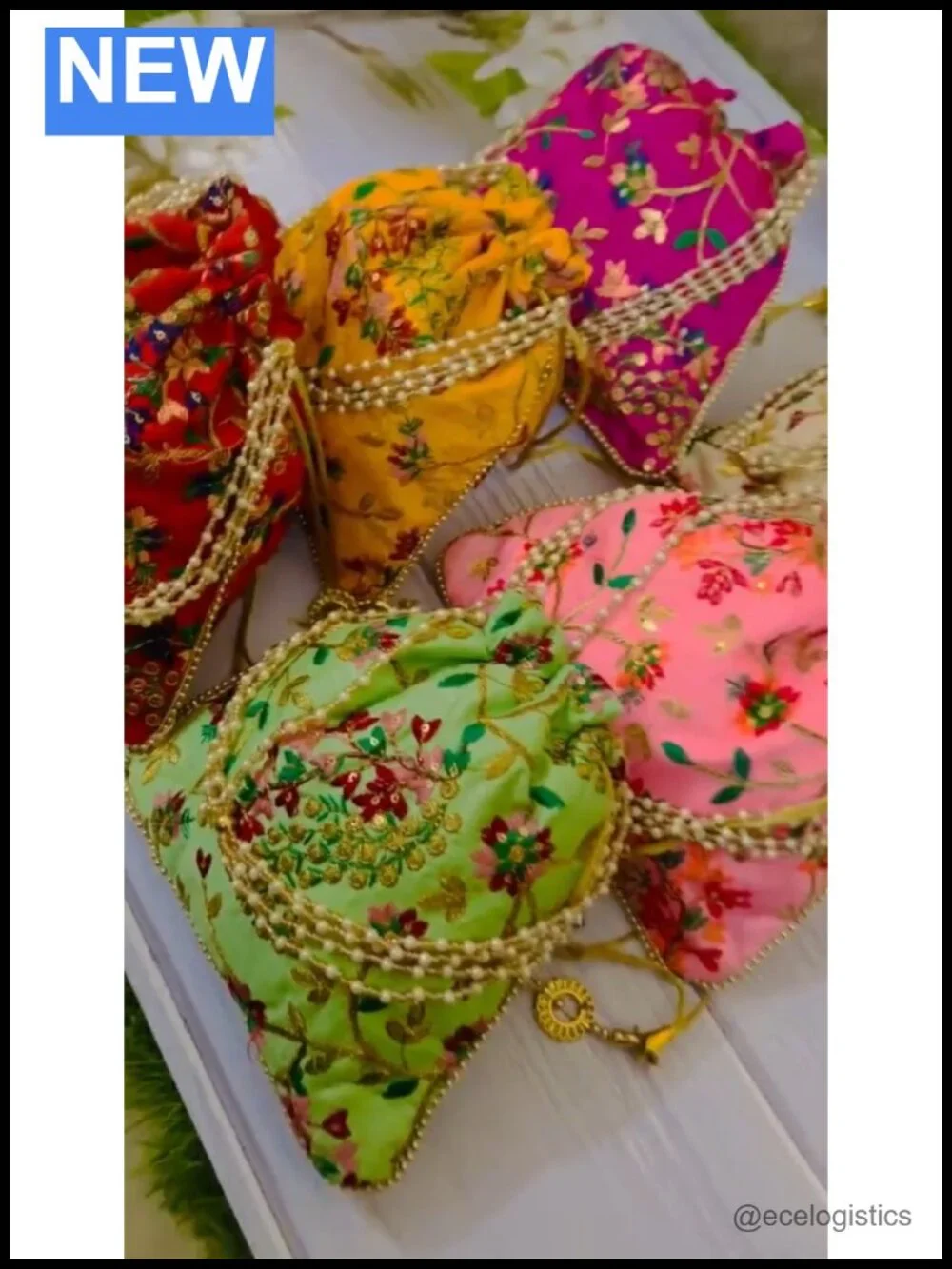 Handmade Embroidered Silk Potli Bag Pearl Handle Drawstring Clutch for Weddings